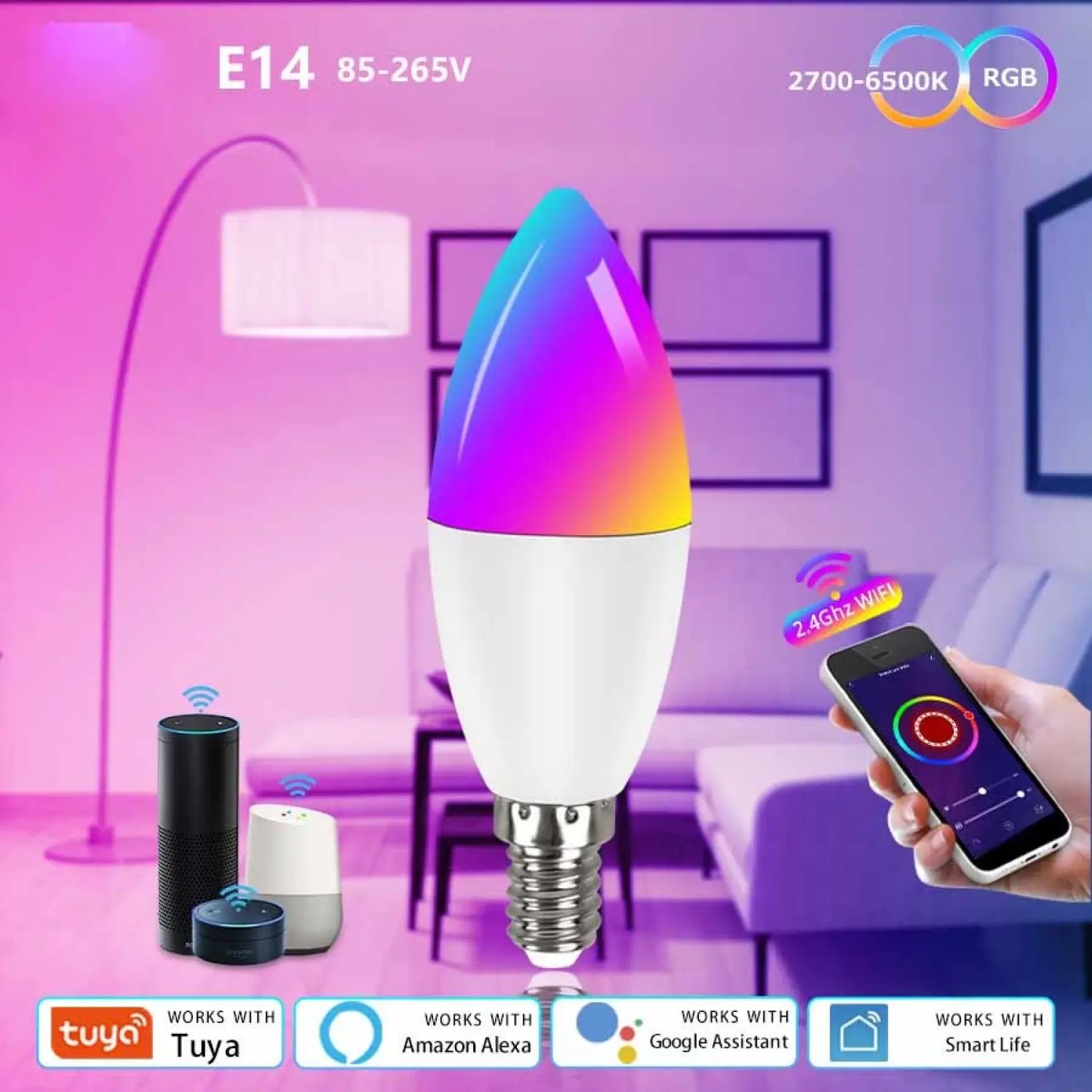 Smarta LED-lampor | E14 RGB CW WW dimbar glödlampa med röststyrning