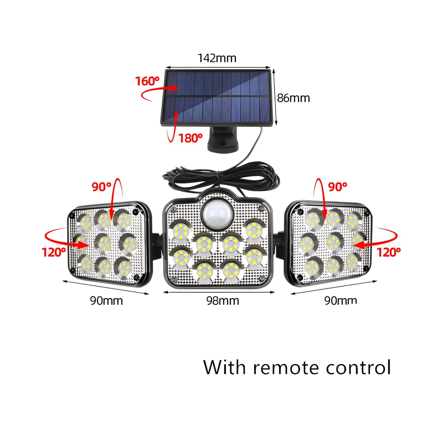 Solarlampa utomhus strålkastare med rörelsesensor, 3 huvuden, IP65 vattentät