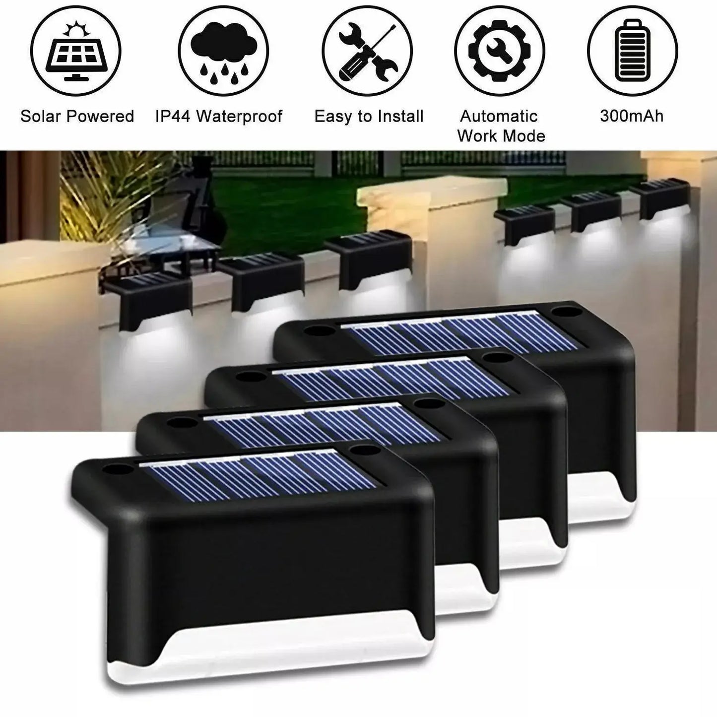 Solstegsljussats om 4 med varm LED och väderbeständig design