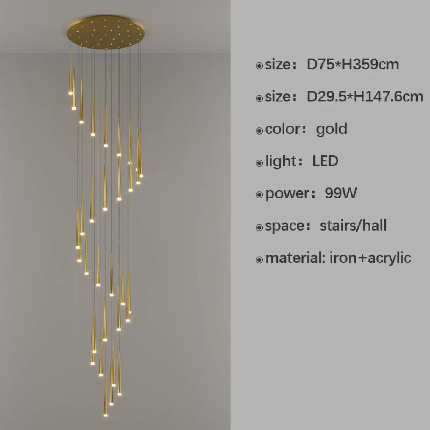 Stilfull och lång ljuskrona för trappa med sammansatt ringdesign