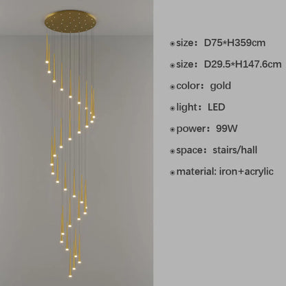 Stilfull och lång ljuskrona för trappa med sammansatt ringdesign