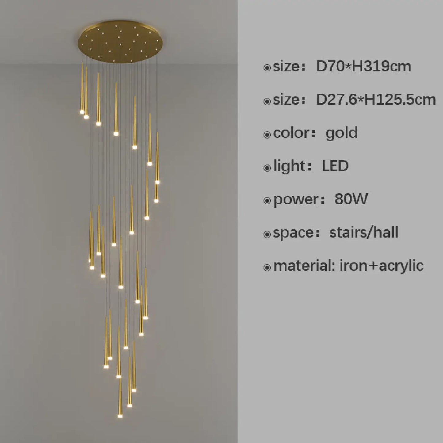 Stilfull och lång ljuskrona för trappa med sammansatt ringdesign