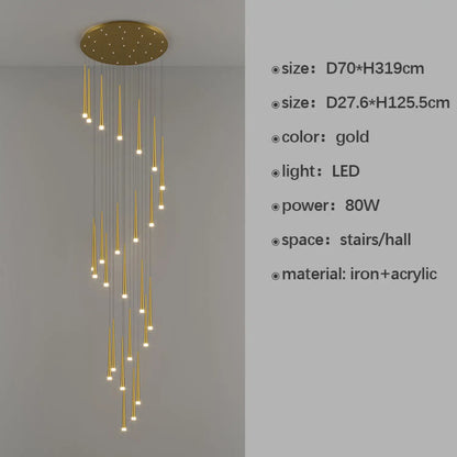 Stilfull och lång ljuskrona för trappa med sammansatt ringdesign