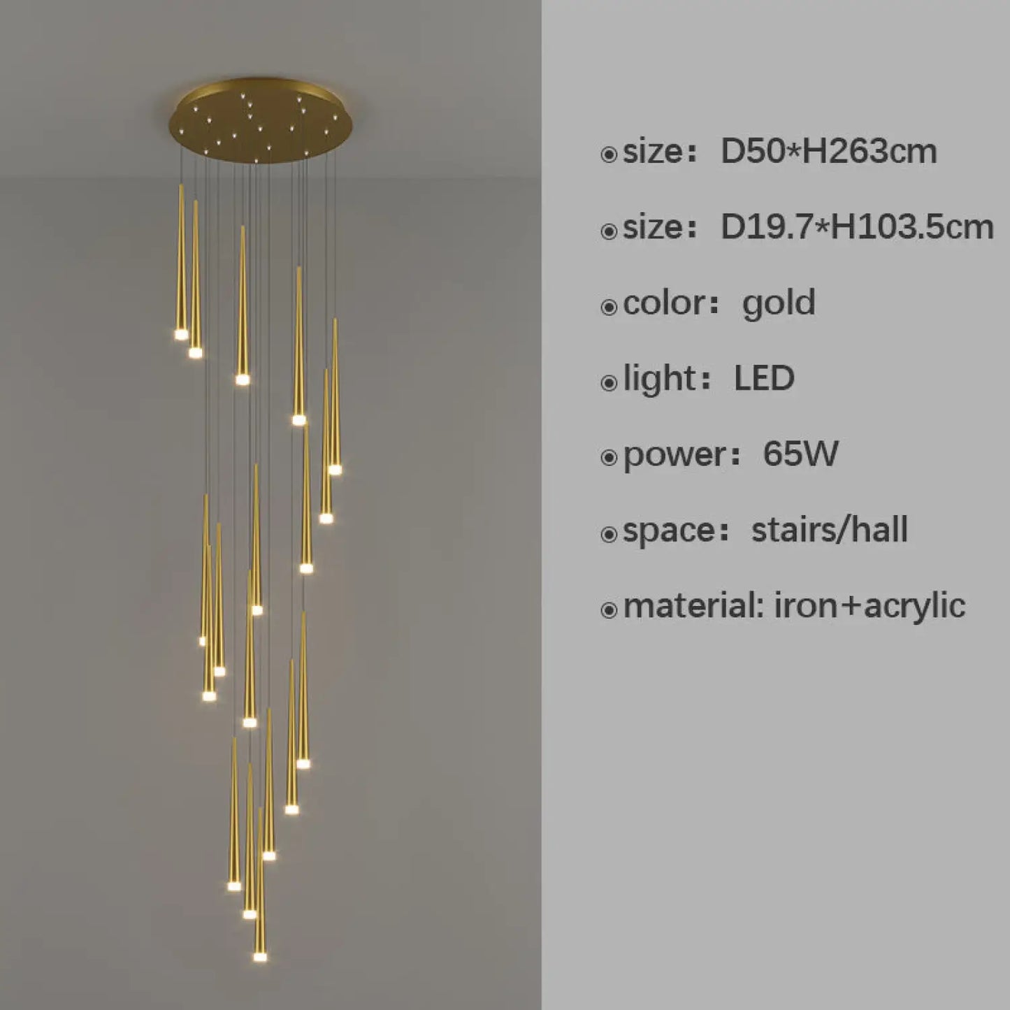 Stilfull och lång ljuskrona för trappa med sammansatt ringdesign