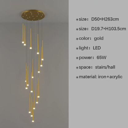 Stilfull och lång ljuskrona för trappa med sammansatt ringdesign