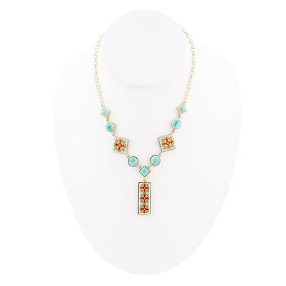 Talavera Tile and Blue Turquoise Golden Y-Neck Necklace