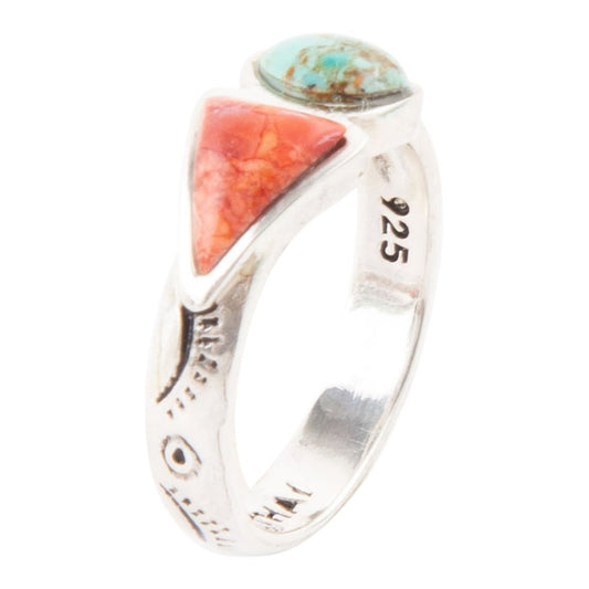 Anello doppio in argento sterling con turchese blu e corallo arancione