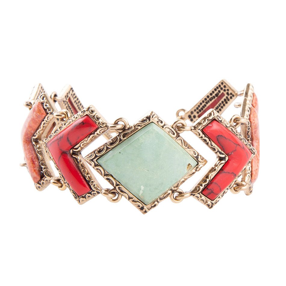Bracciale a catena dorata con arazzo di turchese verde e corallo