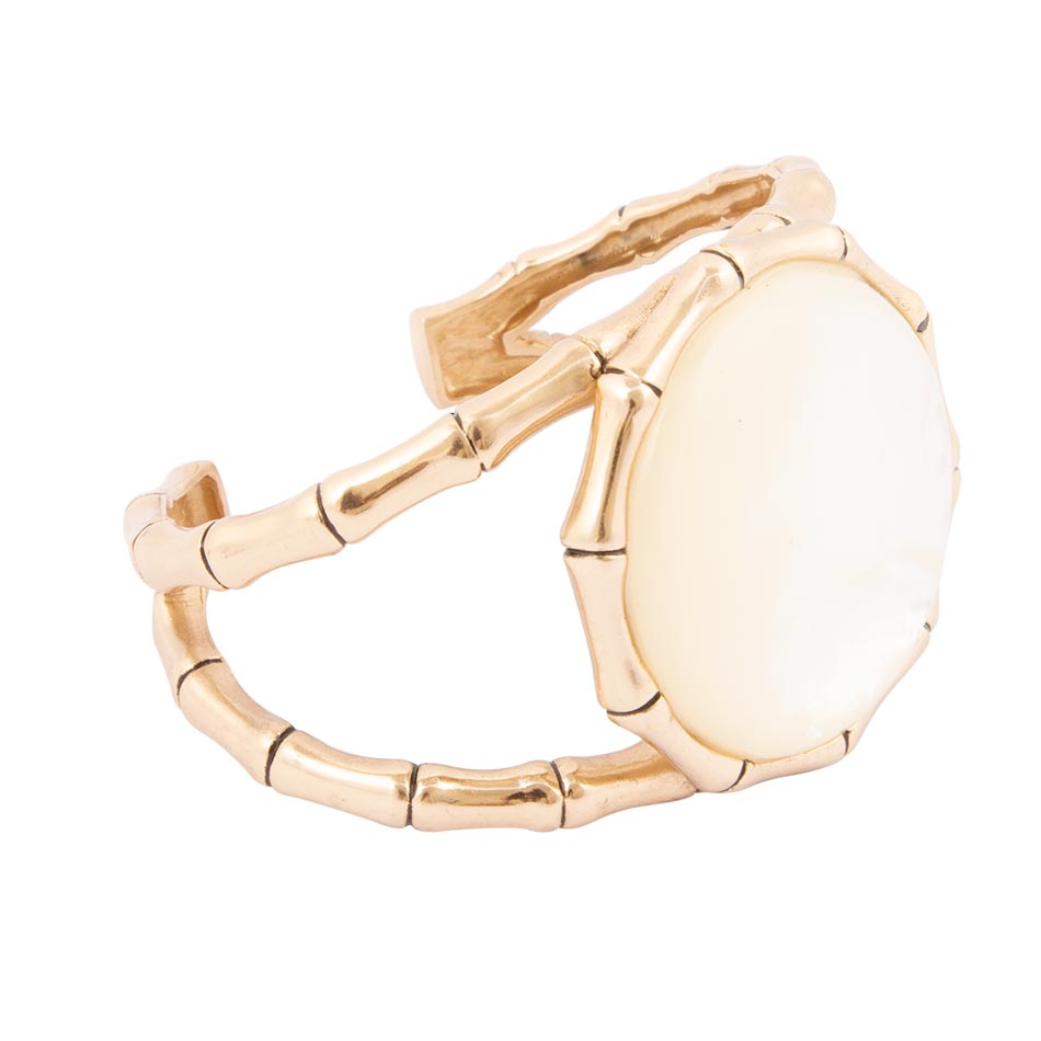 Bracciale a polsino in madreperla bianca e bambù dorato